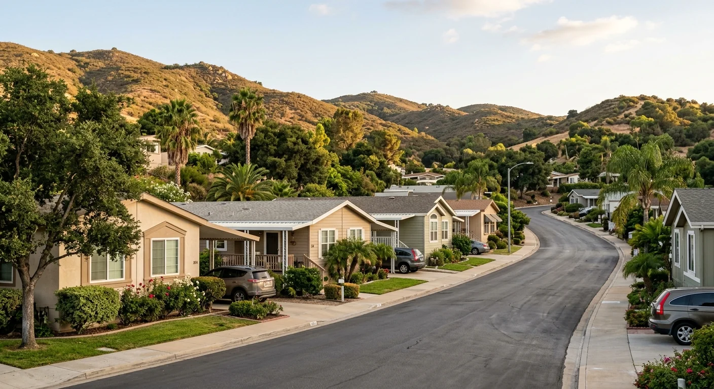 Inland Poway manufactured-home community with hills and mature landscaping