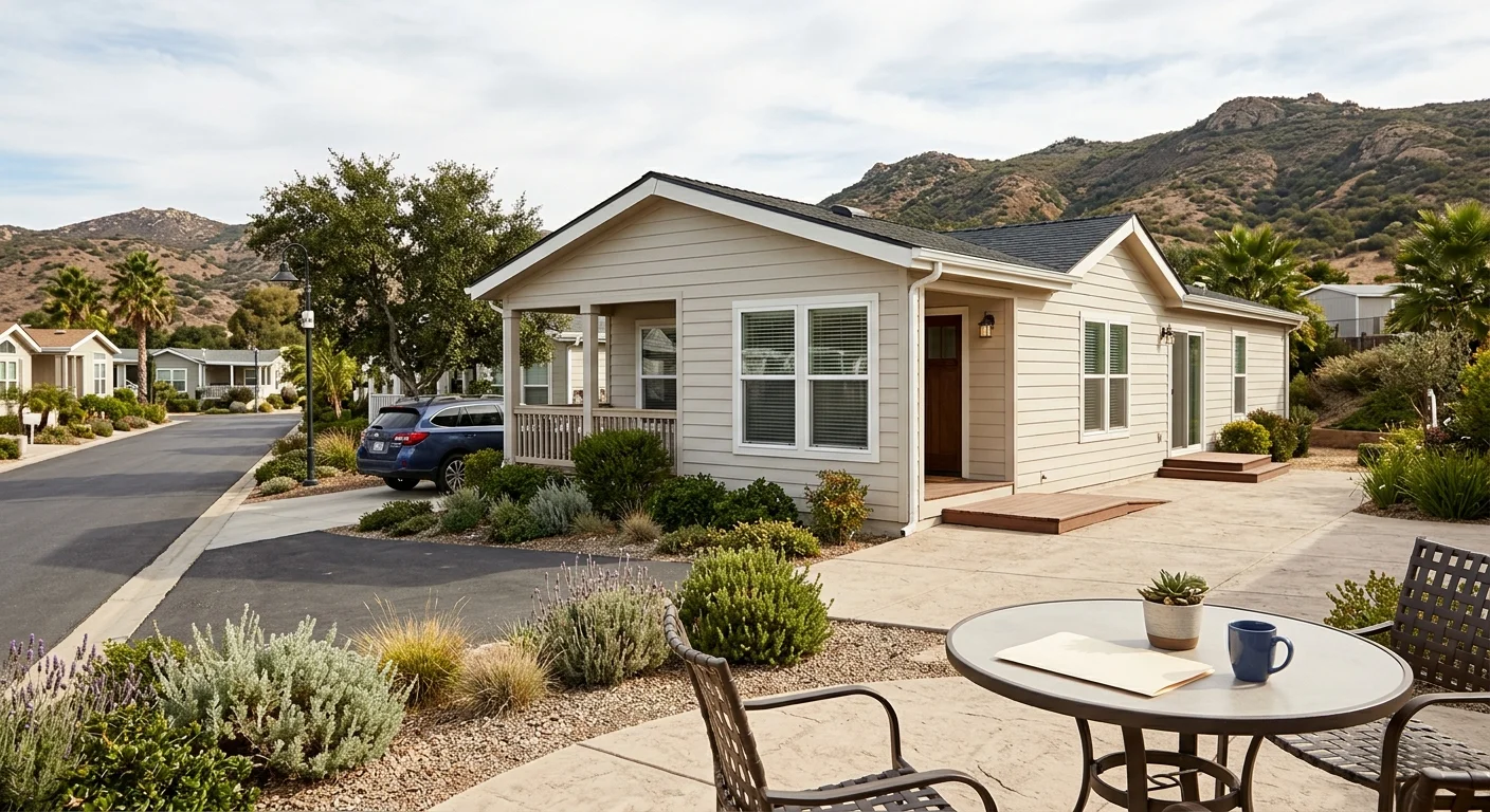 Manufactured home in Poway with a financing folder outside