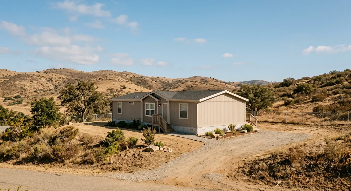 Manufactured home on an inland Ramona parcel with dry hills and open sky