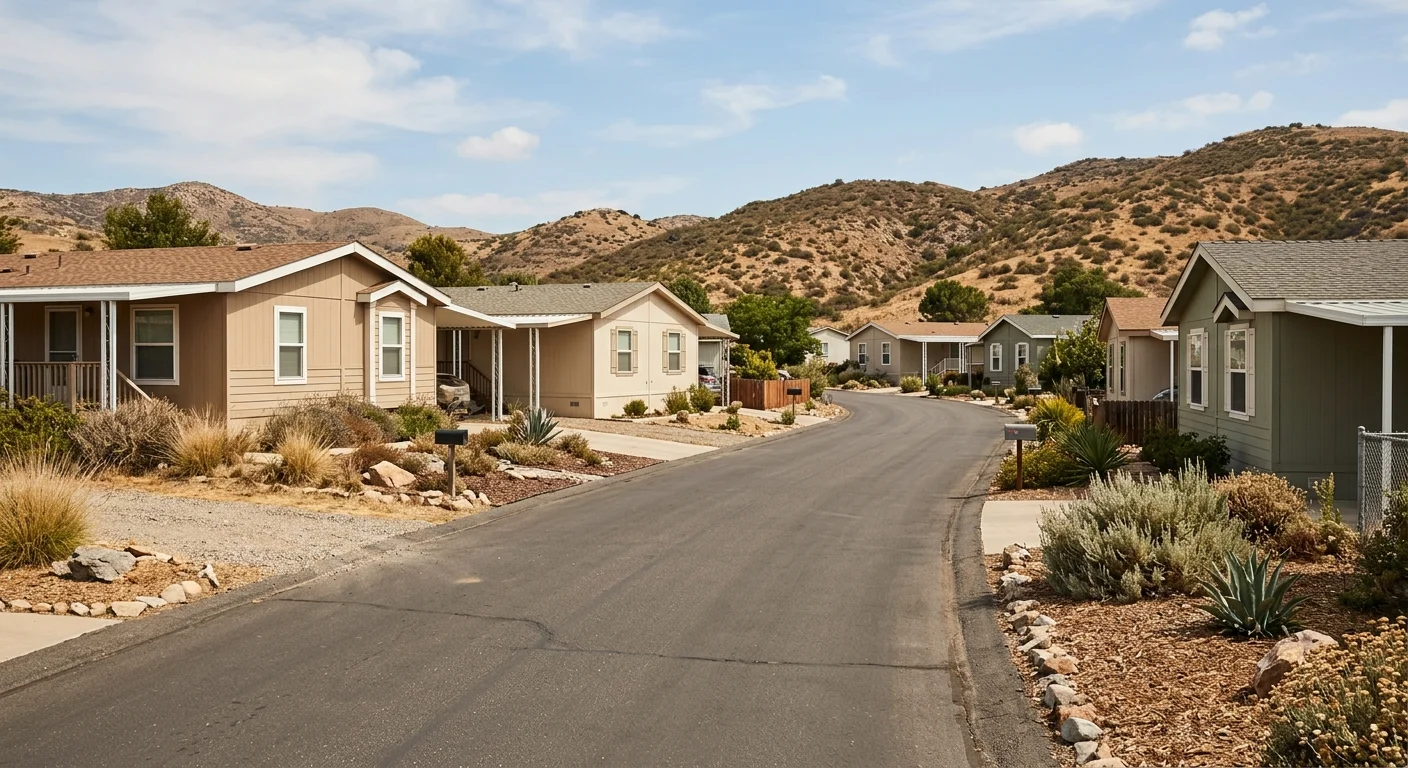 Inland East County manufactured-home street with dry landscaping and low hills