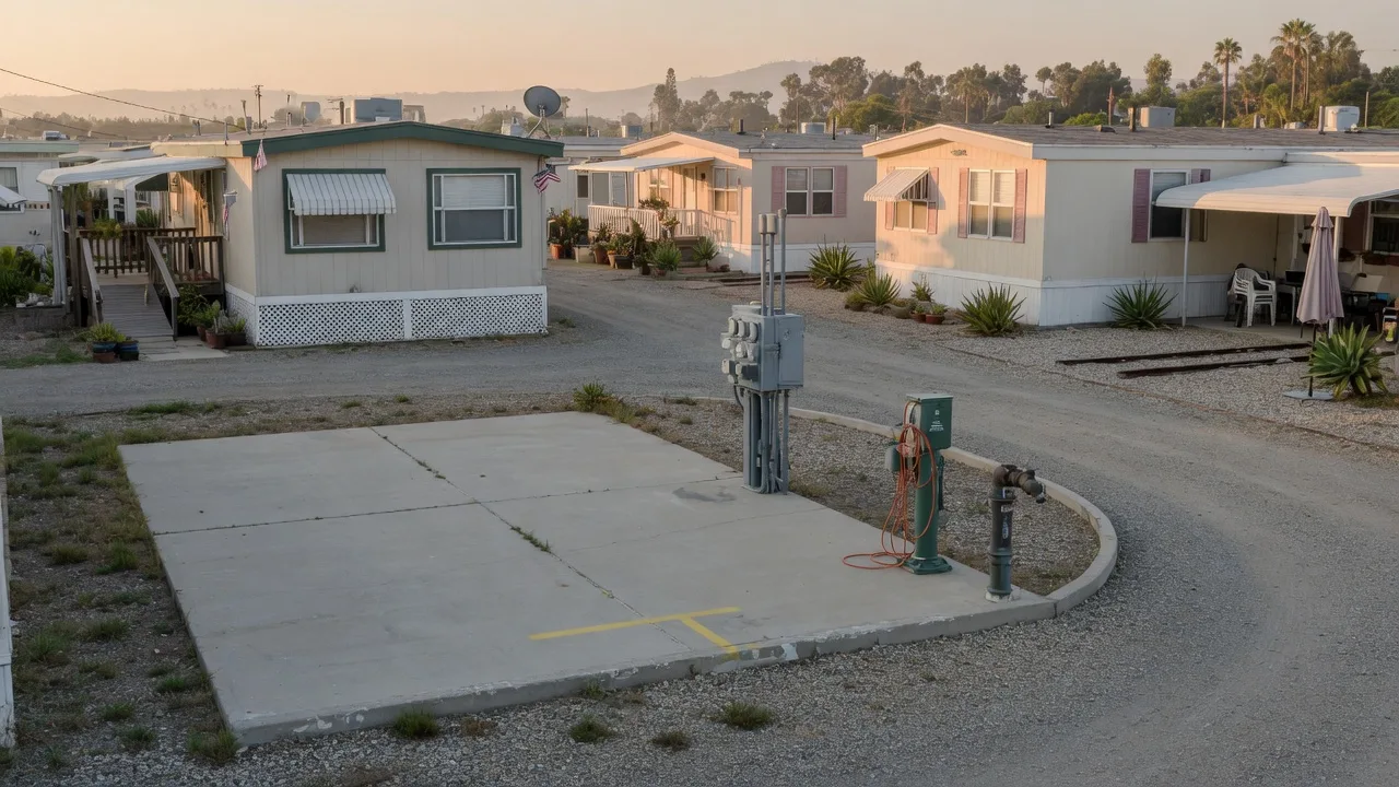 Empty manufactured-home park pad with neighboring homes in San Diego County