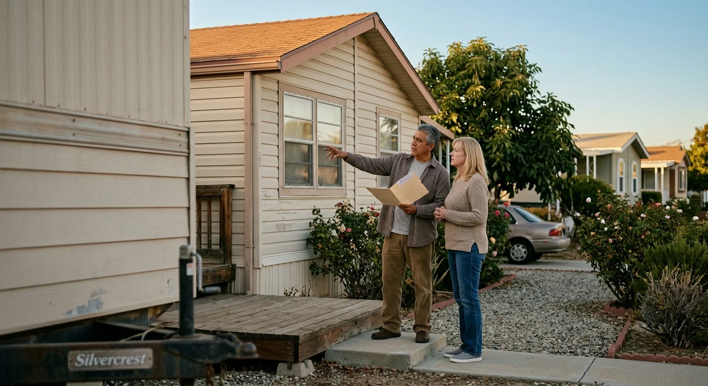Older manufactured home beside repair and replacement planning materials