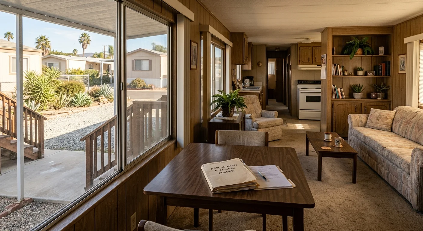 Older mobile home in a San Diego County park beside replacement planning documents