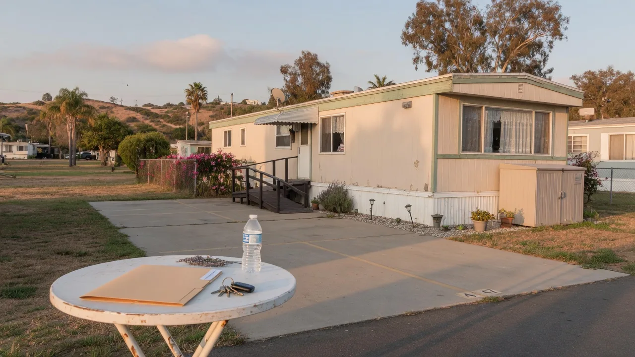 Older manufactured home on a San Diego County park pad with papers on a patio table