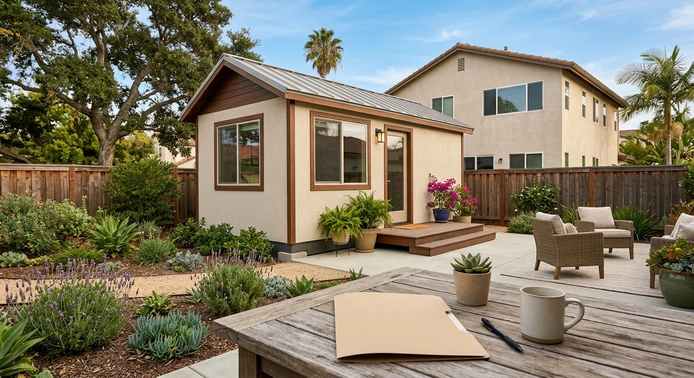 Compact factory-built ADU behind a San Diego home beside a plain financing folder