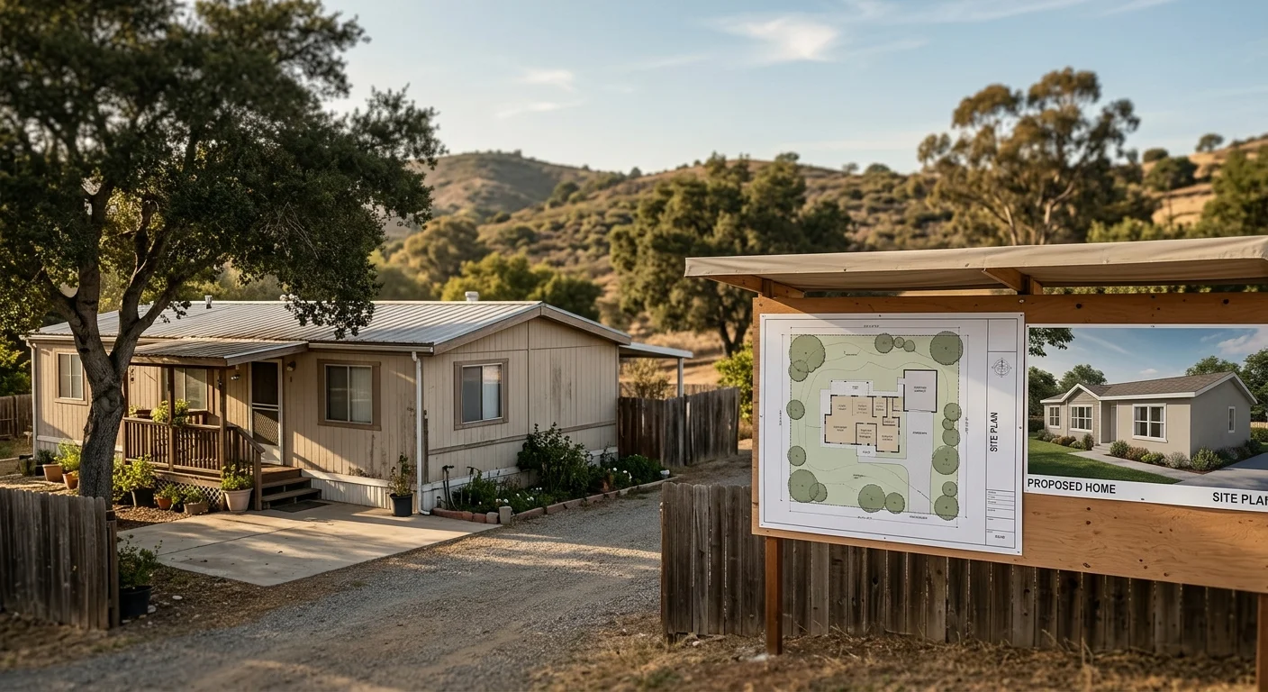 Older mobile home beside a replacement proposal and site plan in San Diego County