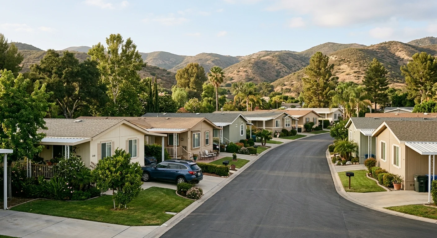 Manufactured-home community in San Marcos with mature landscaping and inland hills