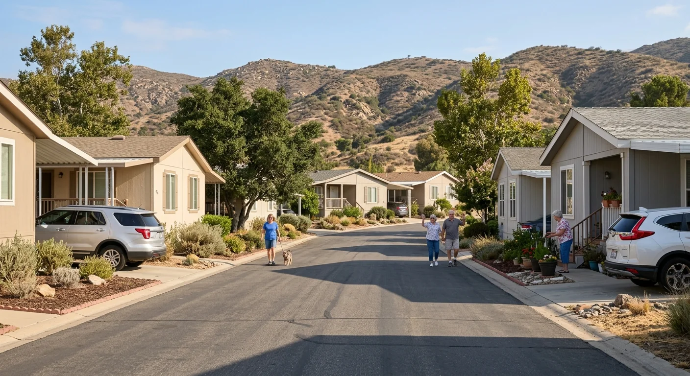 Manufactured-home community streetscape near inland hills in Santee