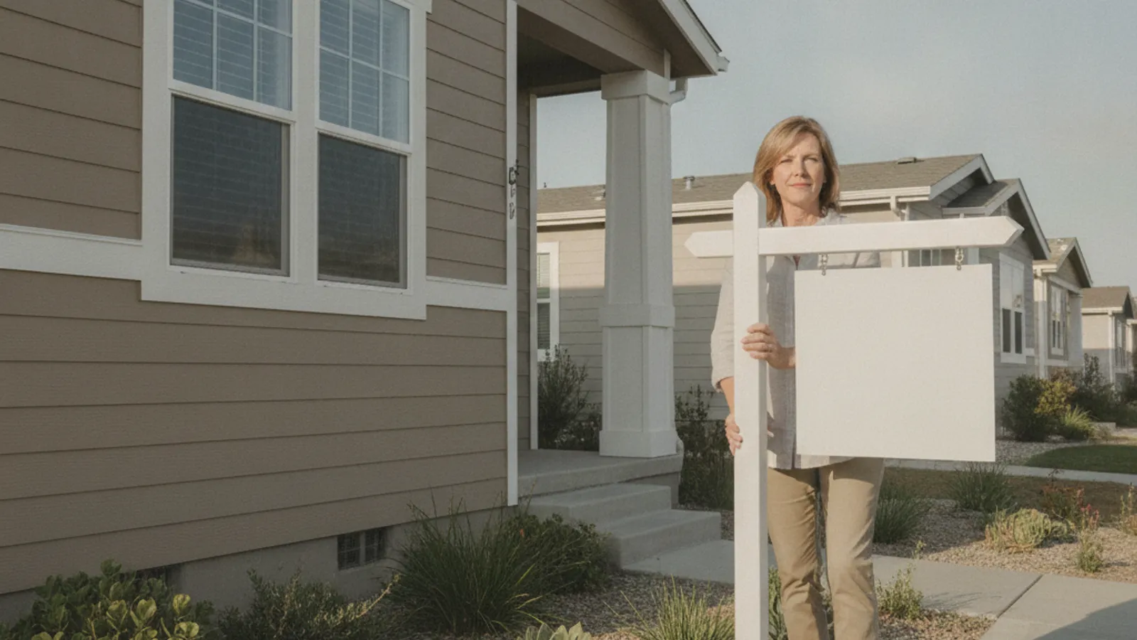 Homeowner placing a for sale sign in the front yard of a manufactured home in a well-kept San Diego County community