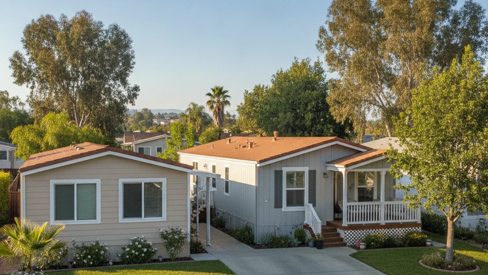 A single-wide manufactured home beside a larger double-wide home on adjacent lots in a sunny San Diego County mobile home park