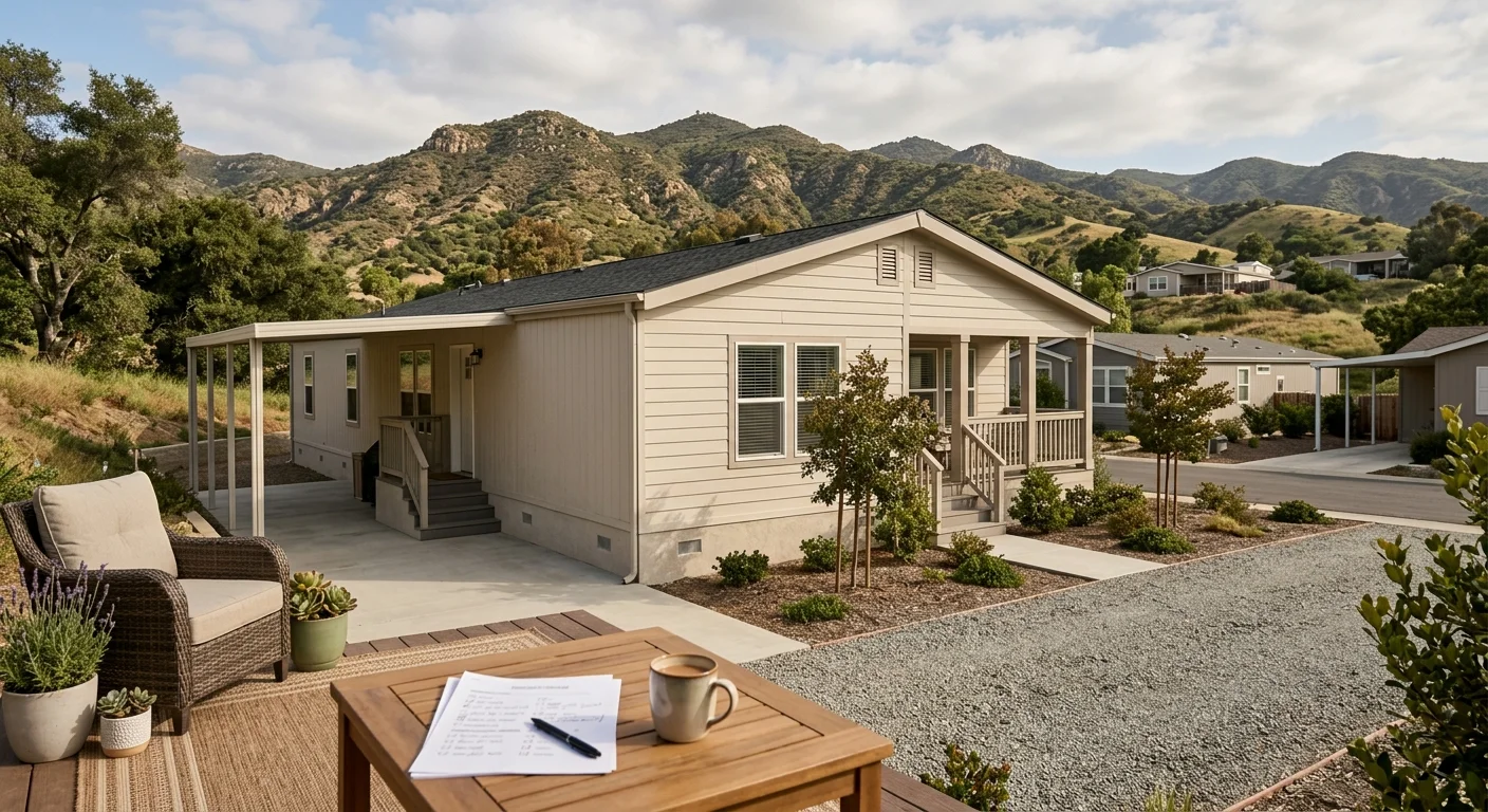 Manufactured home in Spring Valley with inland hills and a patio checklist