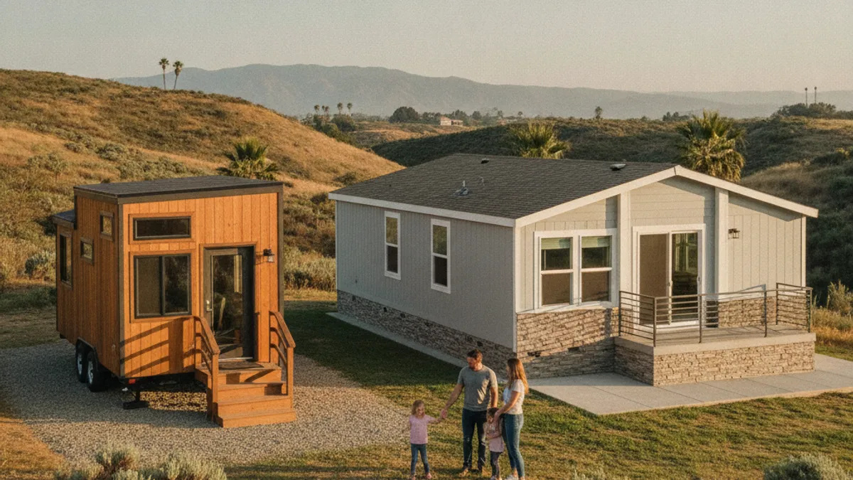 A small tiny house on a trailer parked next to a larger manufactured home on a permanent foundation in a San Diego County setting