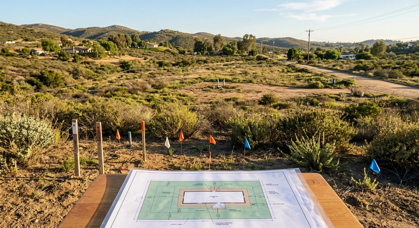Utility markers and a site plan on San Diego County land