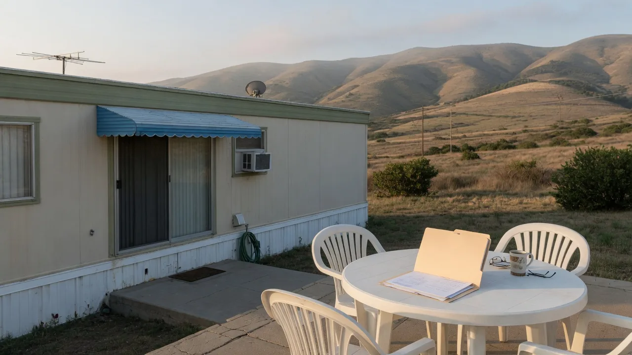 California manufactured home with unbranded loan folders on a patio table