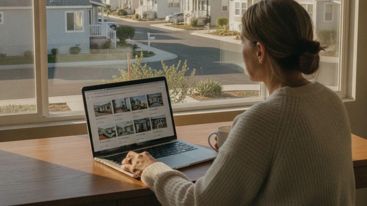 A person browsing mobile home listings on a laptop with a San Diego County mobile home park visible through a window in the background