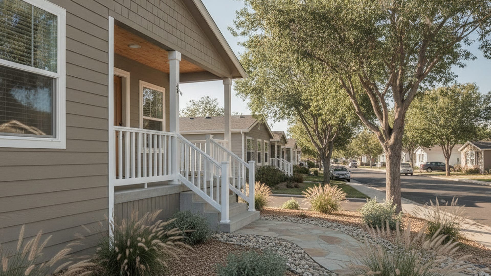 A well-maintained manufactured home on a sunny San Diego County lot with a clear blue sky and native landscaping