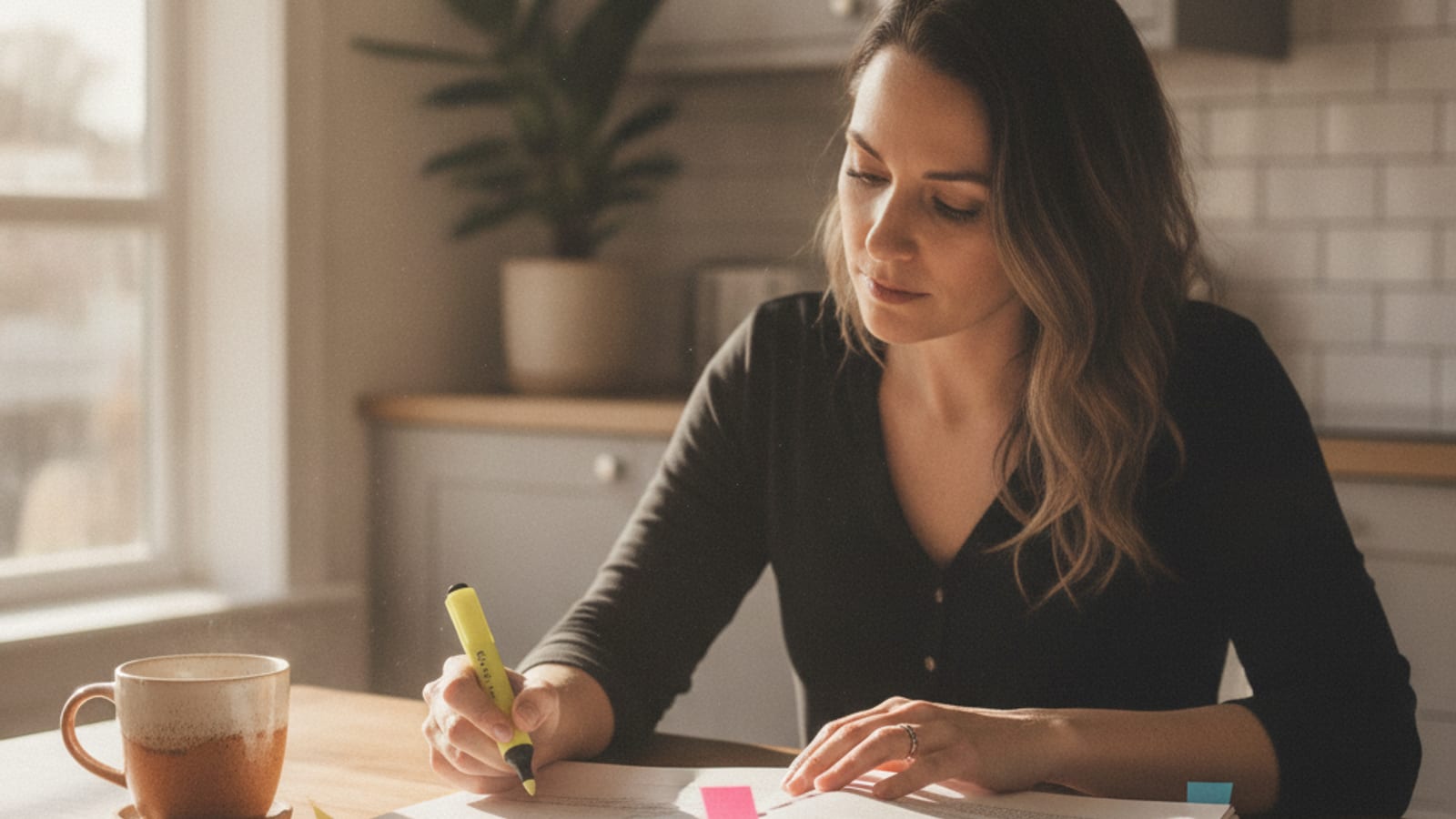 Person at a kitchen table reading through a property deed packet with a highlighter
