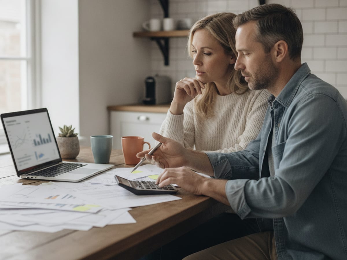 Homebuyer reviewing loan documents at a table with a lender in a San Diego County office