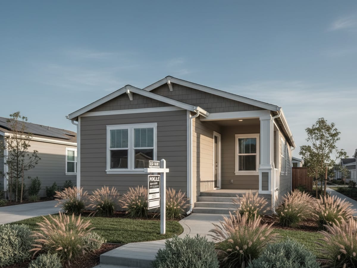 Newly delivered double-wide manufactured home on a private lot in San Diego County with a landscaped yard